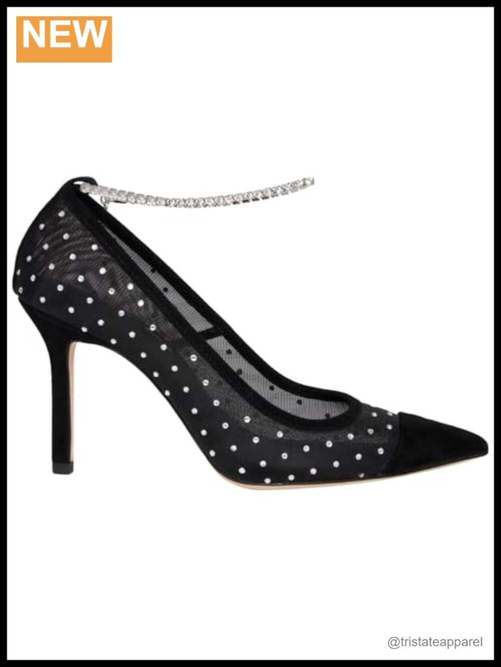 PAIGE Pointed Toe Stiletto Pump with Rhinestones Ankle Strap Leather Sole